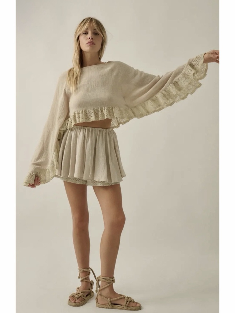 Boho Crochet-Trim Two-Piece Set in Cream S-L